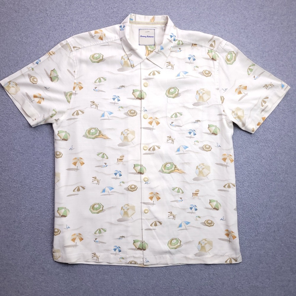 Tommy Bahama Silk Hawaiian Camp Shirt Large Beach Umbrella Dog Allover Print Men